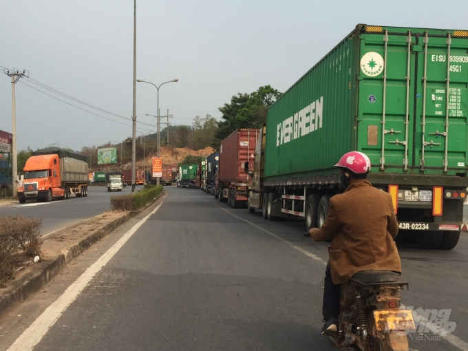 Đo&agrave;n xe container đậu dọc tuyến QL9. Ảnh: C&ocirc;ng Điền.