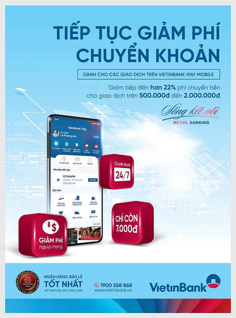 VietinBank tiếp tục giảm phí chuyển khoản liên ngân hàng 24/7