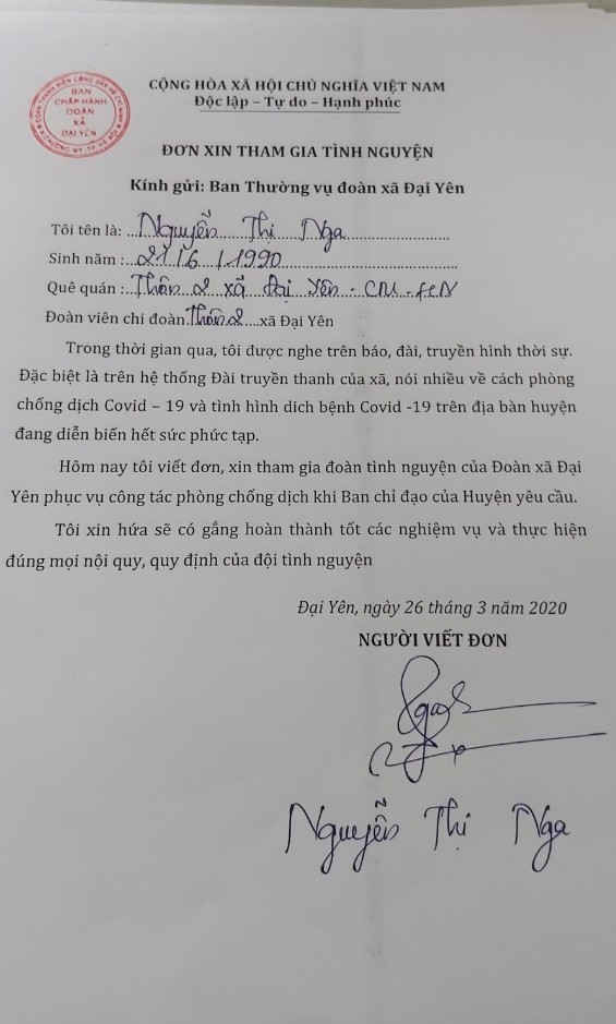 Đơn t&igrave;nh nguyện tham gia ph&ograve;ng chống dịch Covid-19 của thanh ni&ecirc;n H&agrave; Nội