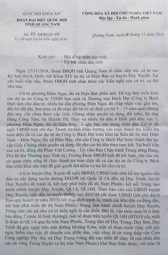 Văn bản của Đo&agrave;n Đại biểu Quốc hội tỉnh Quảng Nam.