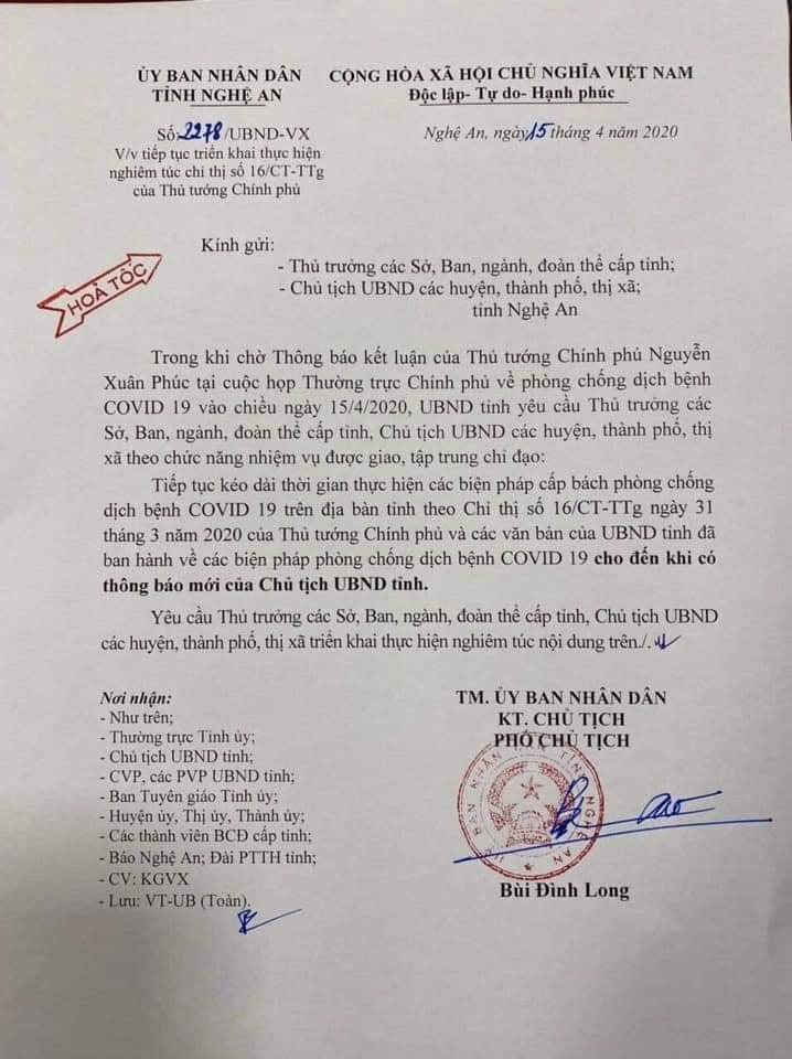Nghệ An tiếp tục thực hiện Chỉ thị 16 cho đến khi có thông báo mới