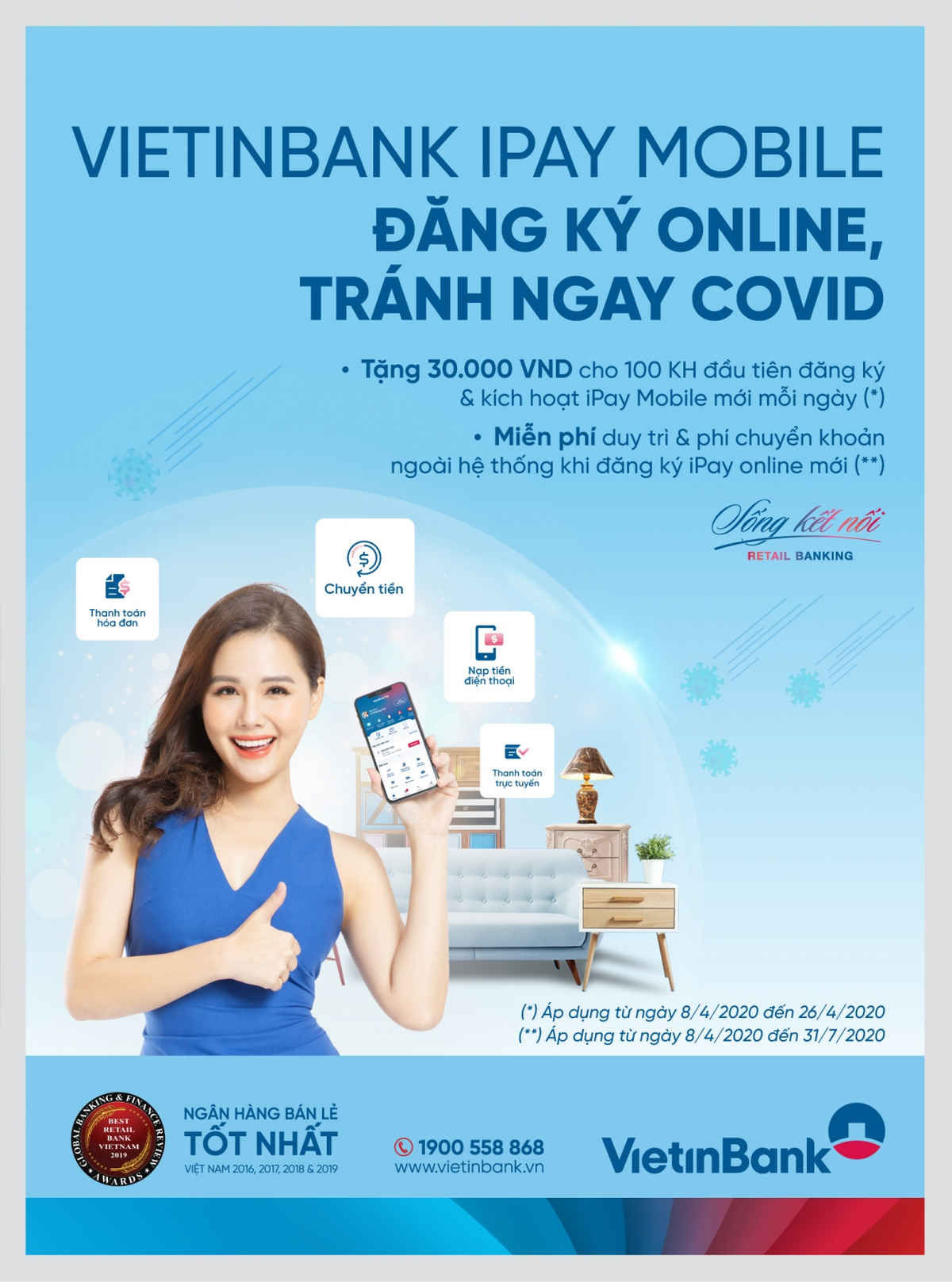 Giao dịch trực tuyến qua VietinBank iPay giảm thiểu tối đa việc KH phải ra ngoài hoặc tiếp xúc trực tiếp với tiền mặt