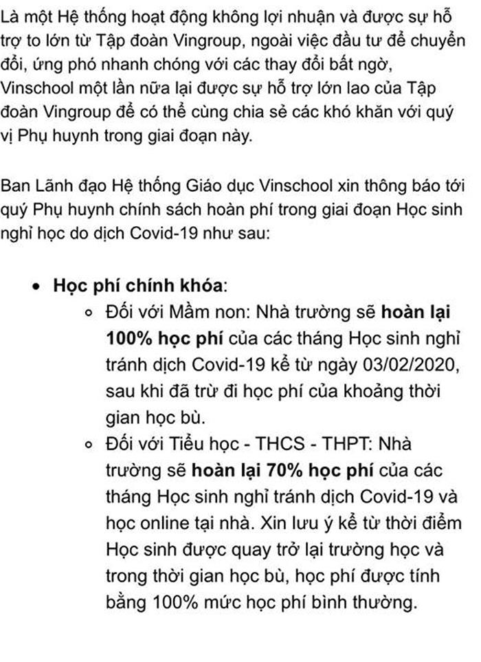 Hệ thống Giáo dục Vinschool hoàn trả 70- 100% học phí mùa dịch COVID-19 - 1
