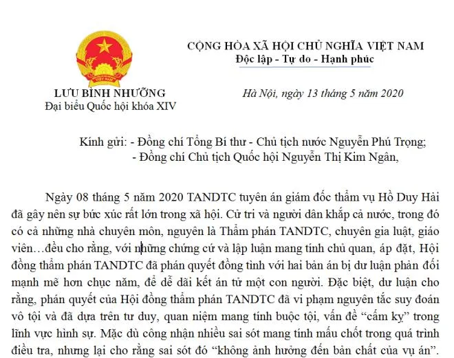 ĐBQH Lưu Bình Nhưỡng gửi kiến nghị tới Chủ tịch nước vụ án Hồ Duy Hải - 1