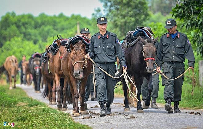 Cận cảnh kỵ binh CSCĐ thuần dưỡng ngựa nơi thao trường đầy nắng gắt