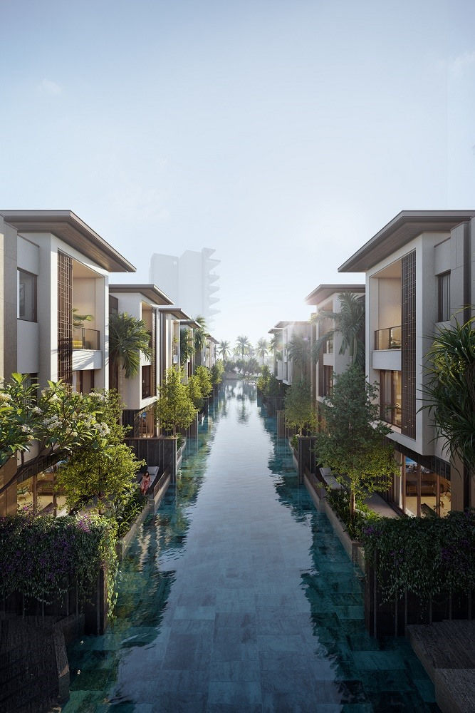 Hồ bơi cảnh quan biến tiểu khu Row Villa thành một Venice thu nhỏ bên bờ vịnh.