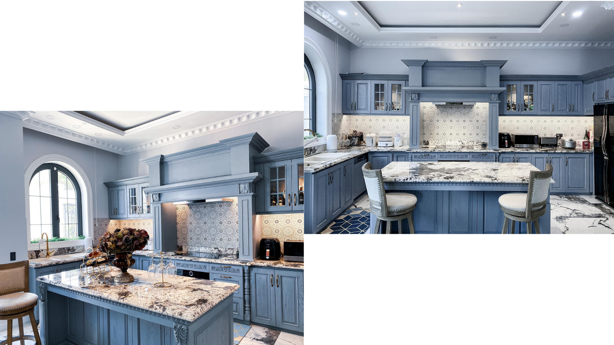 Mẫu đảo bếp được l&agrave;m bằng gỗ, diện t&iacute;ch lớn với phong c&aacute;ch t&acirc;n cổ điển. Tone xanh match với to&agrave;n bộ m&agrave;u căn ph&ograve;ng. Mặt b&agrave;n bằng đ&aacute;, trang tr&iacute; lọ hoa v&agrave; ghế xung quanh. Nơi đ&acirc;y ho&agrave;n to&agrave;n ph&ugrave; hợp l&agrave; nơi giao lưu, thậm ch&iacute; c&oacute; thể mời kh&aacute;ch v&agrave;o tr&ograve; chuyện.