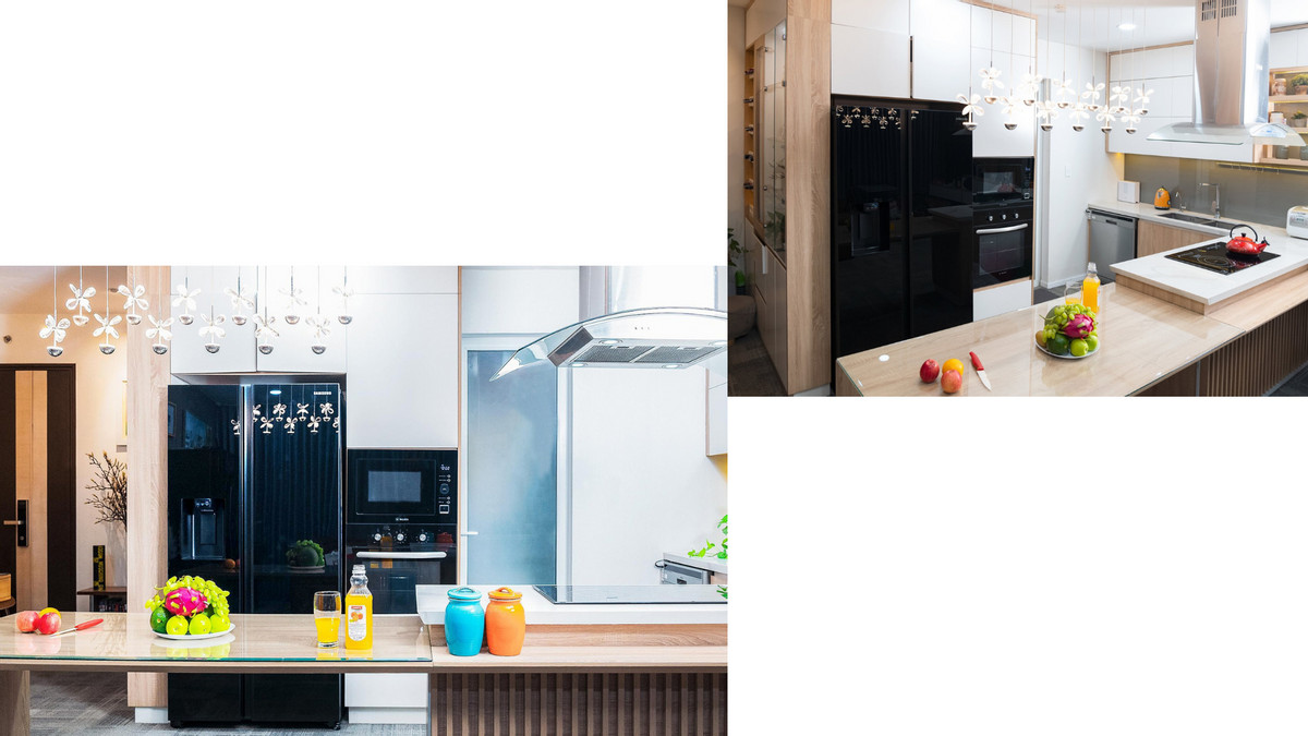 Đảo bếp kh&ocirc;ng chỉ đa dạng về c&ocirc;ng năng m&agrave; c&ograve;n thể hiện gu thẩm mỹ của gia chủ. Kết hợp đ&egrave;n ch&ugrave;m treo b&ecirc;n tr&ecirc;m sẽ th&ecirc;m phần sang trọng cho kh&ocirc;ng gian tổ ấm. Đồ họa: Đức Mạnh