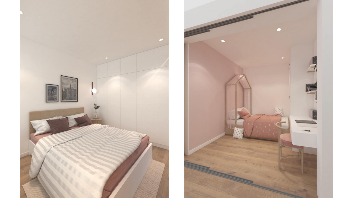 Phòng ngủ master và phòng ngủ cho bé được phối màu đa dạng. Phòng ngủ master màu hồng chỉ còn ở chăn, nệm còn phòng ngủ cho bé màu hồng chiếm phần lớn vô cùng đáng yêu. Đồ họa: Đức Mạnh