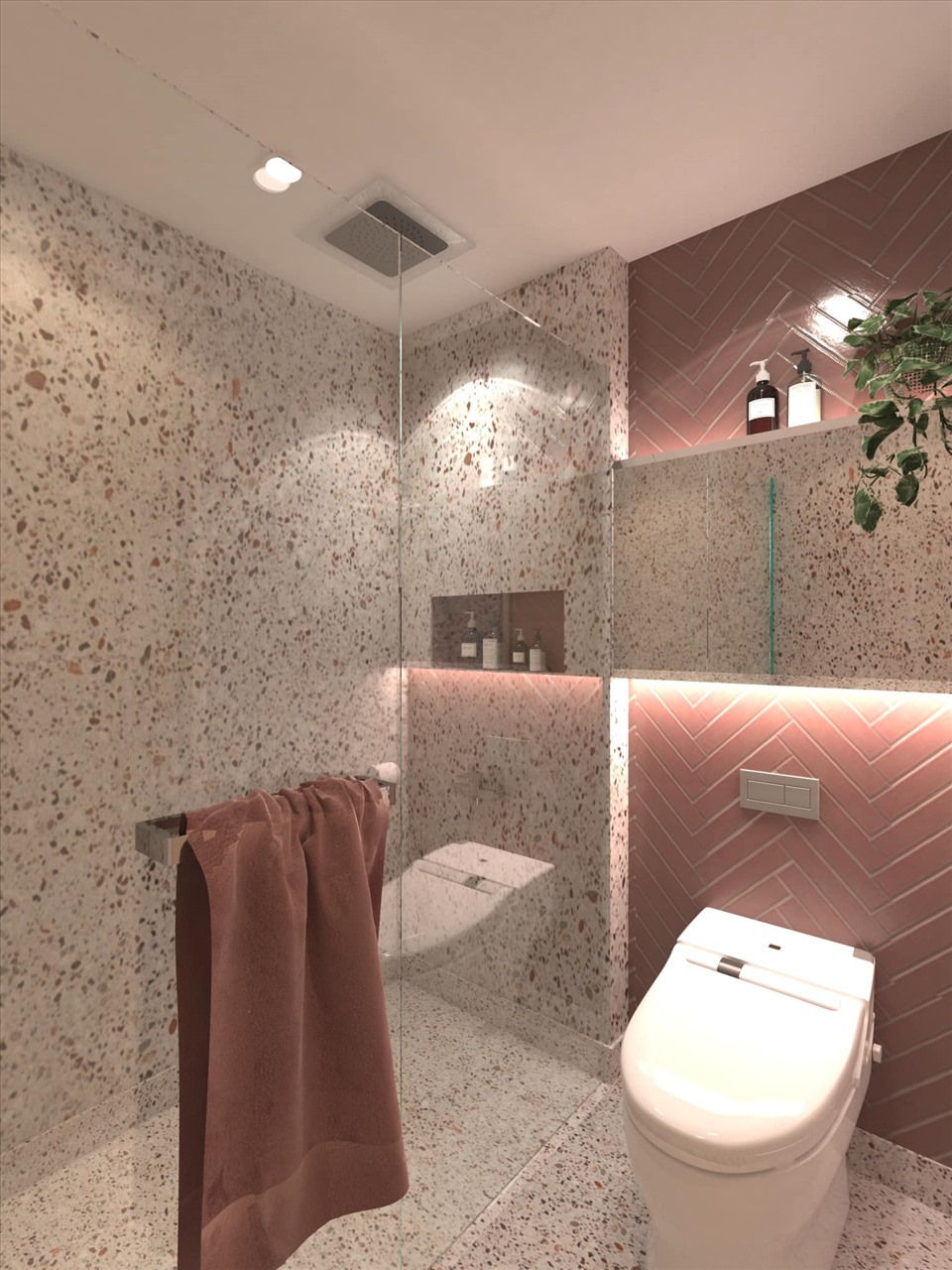 Phòng tắm và vệ sinh với tone hồng vô cùng dễ chịu và sang trọng. Nguồn: Lý Phương Châu