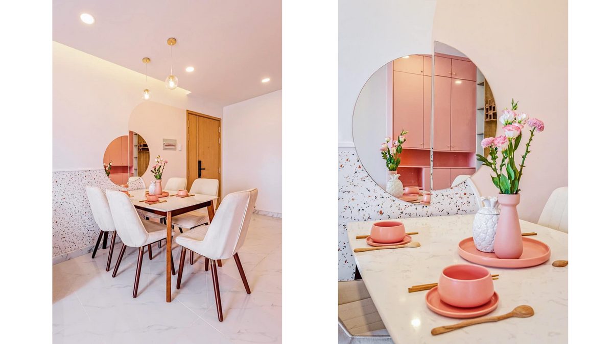 Ngôi nhà thứ hai với màu hồng đậm hơn. Kết hợp với màu nội thất gỗ và ánh sáng vàng khiến không gian vô cùng ấm cúng nơi căn bếp gia đình. Đồ họa: Đức Mạnh